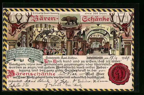 Lithographie Dresden, Gasthaus Bärenschänke, Bärenzwinger mit Gästen