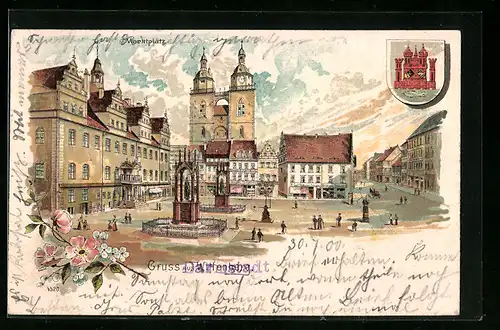 Lithographie Wittenberg, Marktplatz, Wappen