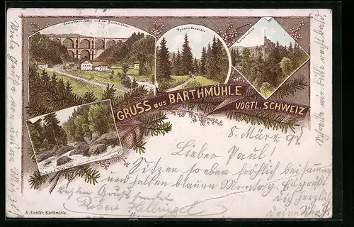 Lithographie Barthmühle /Vogt. Schweiz, Elsterthalbrücke, Pyramidenwiese, Ruine Liebau