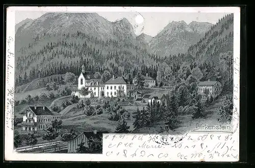 Lithographie Birkenstein, Ortspartie mit Kirche bei Mondschein