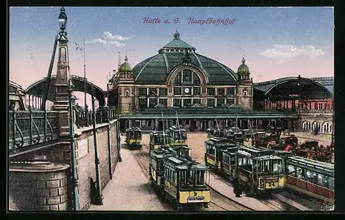 AK Halle a. S., Strassenbahnen am Hauptbahnhof