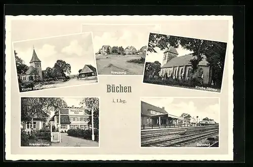 AK Büchen i. Lbg., Bahnhof, Kirche Büchen-Dorf, Chirurgische Klinik