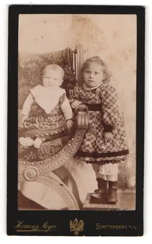 Fotografie Hermann Meyer, Senftenberg /N.-L., Mädchen im gemusterten Kleid und Kleinkind mit Latz