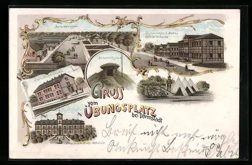 Lithographie Darmstadt, Übungsplatz mit Barackenlager und Offiziers-Gebäude