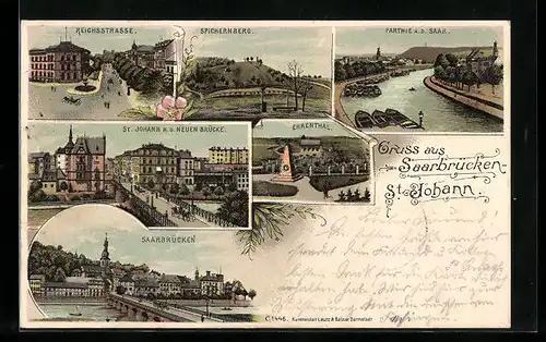 Lithographie Saarbrücken-St. Johann, Reichsstrasse, Spichernberg, Partie a. d. Saar