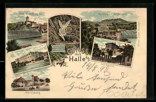 Lithographie Halle a. S., Reilsburg vom Gasthaus Bergschänke, Bad Wittekind, Burg Giebichenstein