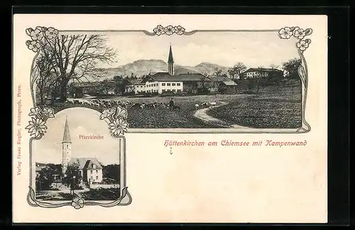 AK Hüttenkirchen am Chimsee, Teilansicht mit Kampenwand, Pfarrkirche