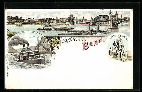 Lithographie Bonn, Ortsansicht, Dampfer, Radfahrer