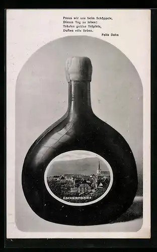 AK Escherndorf, Ortsansicht auf Weinflasche