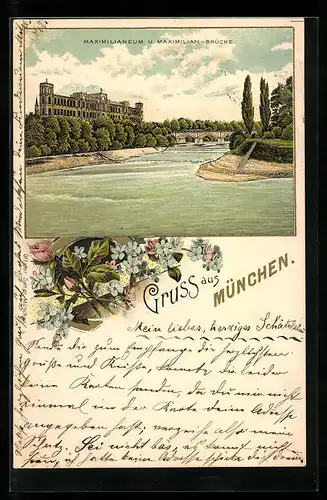 Lithographie München, Maximilianeum und Maximilian-Brücke