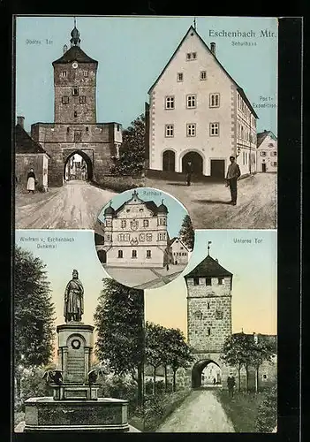 AK Wolframs-Eschenbach /Mfr., Schulhaus, Oberes und unteres Tor, Wolfram v. Eschenbach Denkmal