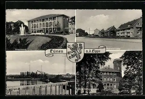 AK Lünen a. d. Lippe, Stadtbad, Hafen, Bebelstrasse und Schloss Schwansbell