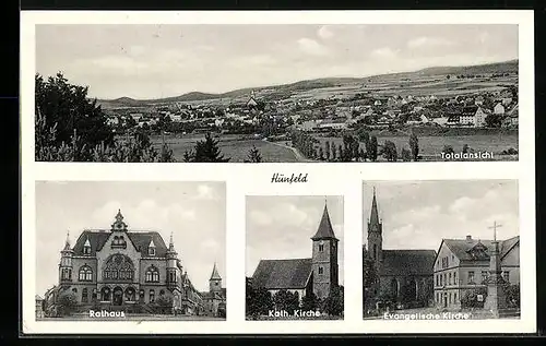 AK Hünfeld, Totalansicht, Rathaus, kath. Kirche, Evangelische Kirche