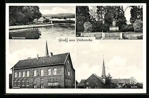 AK Düderode, Ortspartie, Ehrenmal, Kirche, Schwimmbad, Schule