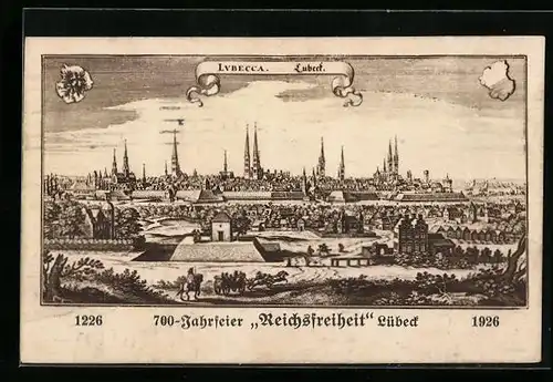 Künstler-AK Lübeck, 700-Jahrfeier Reichsfreiheit Lübeck, Teilansicht und Wappen