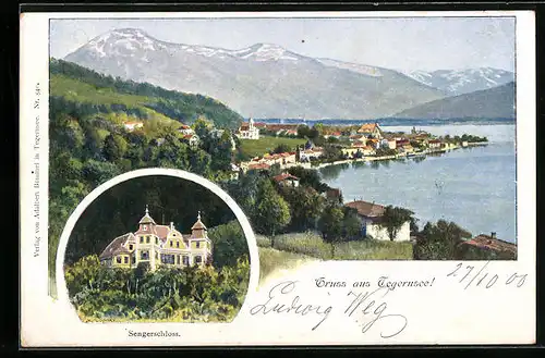 AK Tegernsee, Ortsansicht mit Bergkulisse und Sengerschloss