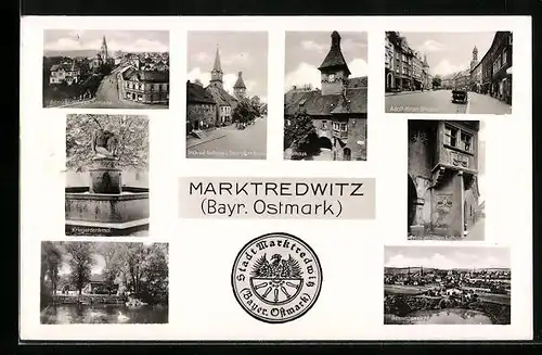 AK Marktredwitz /Bayr. Ostmark, Ortsansicht, Rathaus, Kriegerdenkmal, Admiral Scheer-Strasse