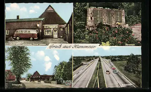 AK Hammoor, Gemischtwaren Zum alten Landhaus H. Lassen, Autobahn, Ortspartie