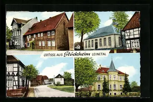 AK Stöckheim /Leinetal, Bäckerei und Gemischtwarengeschäft von Carl Funke, Kirche, Hauptstrasse