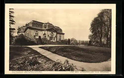 AK Benrath a. Rh., Schloss von den Wasserfällen aus gesehen