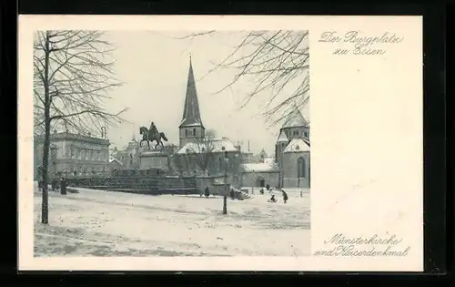 AK Essen, Burgplatz mit Kaiser-Wilhelm-Denkmal und Münsterkirche