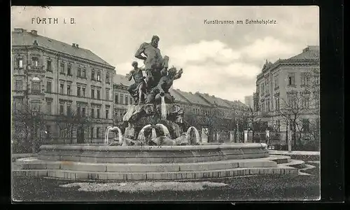 AK Fürth i. B., Kunstbrunnen am Bahnhofsplatz