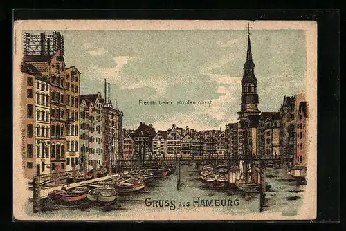 Lithographie Hamburg, Fleeth beim Hopfenmarkt