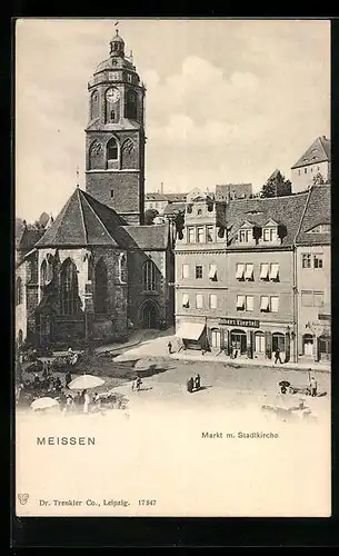AK Meissen, Markt mit Stadtkirche und Passanten