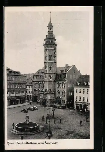AK Gera, Marktplatz mit Rathaus und Brunnen