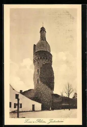 AK Zons a. Rhein, Judenturm und Passanten