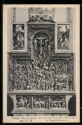 AK Calcar /Niederrhein, Hochaltar aus dem Jahre 1498 in der St. Nikolai-Pfarrkirche, Innenansicht