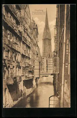 AK Hamburg, Steckenhörn-Fleet mit Nicolai-Kirche