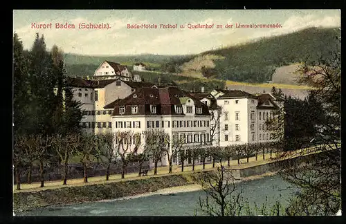 AK Baden, Bade-Hotels Freigof und Quellenhof an der Limmatpromenade