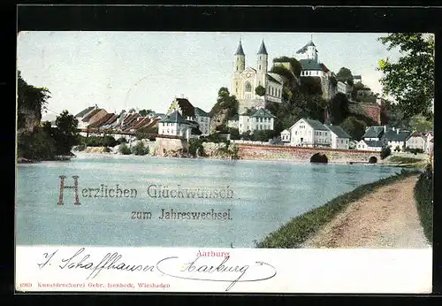 AK Aarburg, Uferpartie mit Kirche, Neujahrsgruss