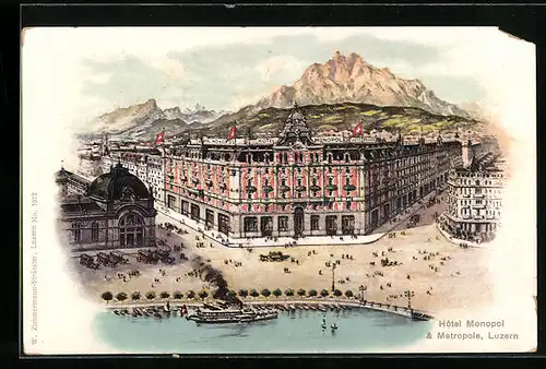 Künstler-AK Luzern, Hotel Monopol u. Metropole