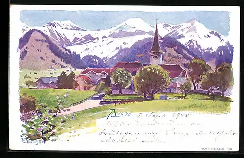 Künstler-AK Aeschi, Ortsansicht mit verschneitem Gebirgspanorama
