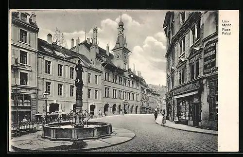 AK Lausanne, la place de la Palud, la fontaine au premier plan