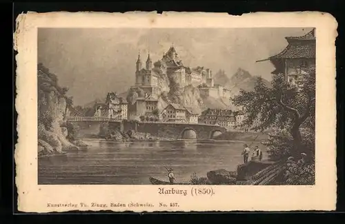 Künstler-AK Aarburg, Angler vor der historischen Stadt, 1850