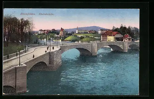 AK Rheinfelden, Rheinbrücke bei Abendstimmung