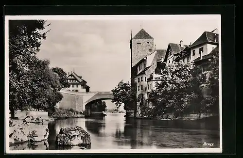AK Brugg, Flusspartie mit kleiner Brücke und Häusern