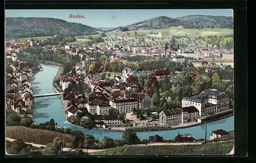 AK Baden, Ortsansicht aus der Vogelschau mit Fluss und Umland