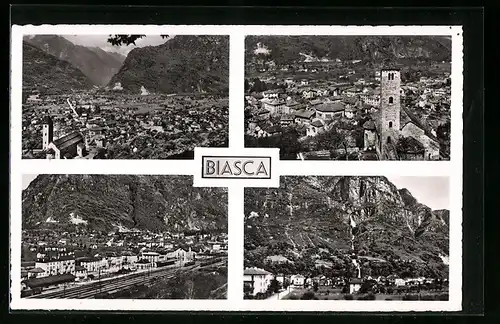 AK Biasca, Ortsansichten mit Bergkulisse, Kirche, Bahnhof