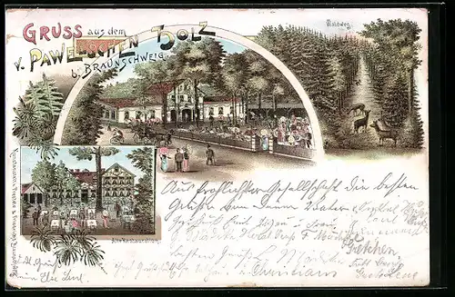 Lithographie Braunschweig, Gasthaus Pawellschen Holz, Waldweg