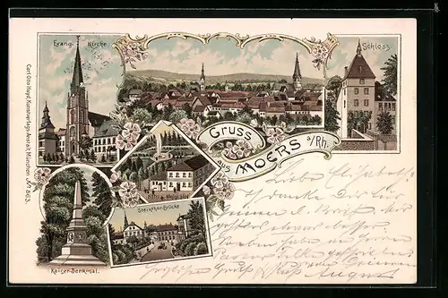 Lithographie Moers a. Rh., Evang. Kirche, Schloss, Hotel Königl. Hof, Kaiser-Denkmal