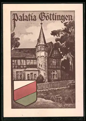 Künstler-AK Göttingen, Verbindungshaus Palatia mit Wappen