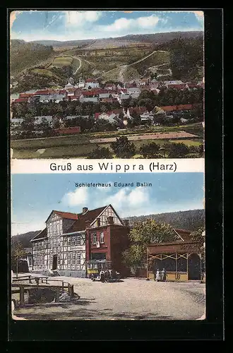 AK Wippra /Harz, Gasthof Schieferhaus von Eduard Ballin, Ortsansicht aus der Vogelschau