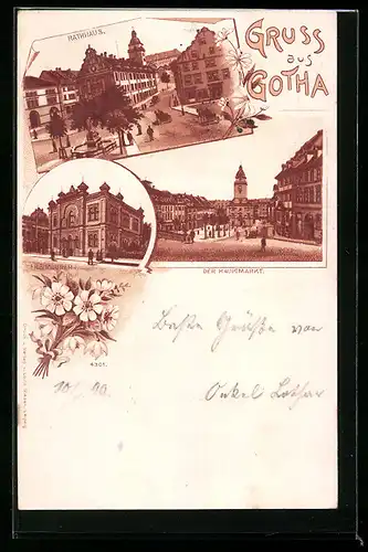 Lithographie Gotha, Freimaurer-Loge, Hauptmarkt, Rathaus