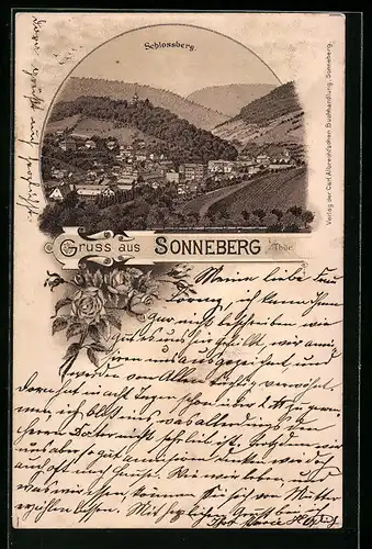 Lithographie Sonneberg i. Thür., Schlossberg aus der Vogelschau