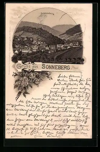 Lithographie Sonneberg /Thür., Totalansicht mit Schlossberg