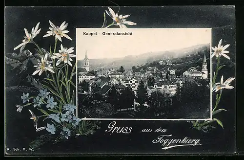 Passepartout-AK Kappel /Toggenburg, Gesamtansicht, Blumen